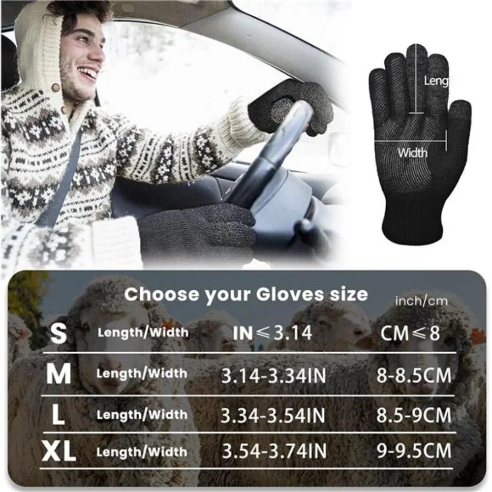 Winter Gloves Men Women, Thermal Merino Wool,6 Finger Touch Screen, Warm Fleece